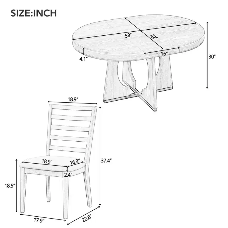 Whisen 5-Piece Retro Rustic Functional Dining Set with 1 Extendable Table and 4 Upholstered Chairs