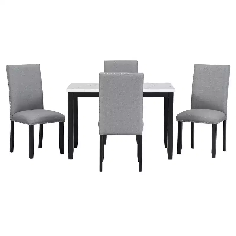 5-Piece Dining Table Set Dining Set with Faux Marble Dining Table, 4 Thicken Cushion Dining Chairs, Gray/White-ModernLuxe