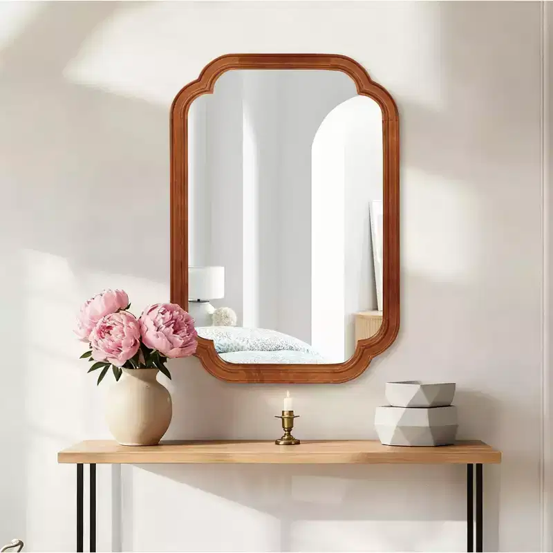 20 x 30 inch Natural Wood Color Solid Wood Frame Rounded Corner Wall Decorative Mirror for Bedroom Entryway and Living Room