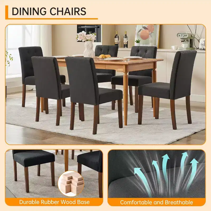 Dining Chairs Set of 4, Button Tufted Parsons Chairs with Wood Legs and Padded Seat, Modern Fabric Side Chairs for Dining Room Kitchen, Black