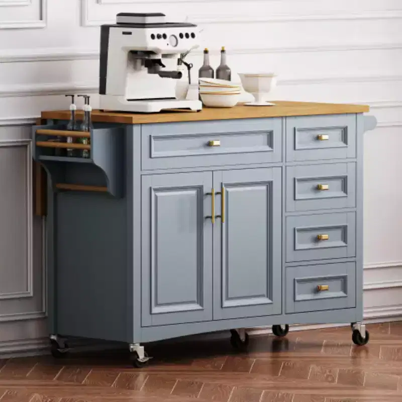 52 Blue Embossed Texture Kitchen Island with Drop Leaf, Kitchen Storage Cart with Adjustable Shelf for Kitchen Dining Room