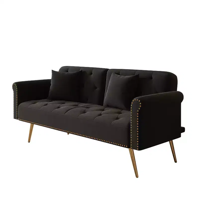 Black Velvet Fabric Sofa Featuring Nail Head Trim and Accompanied By A Matching Throw Pillow