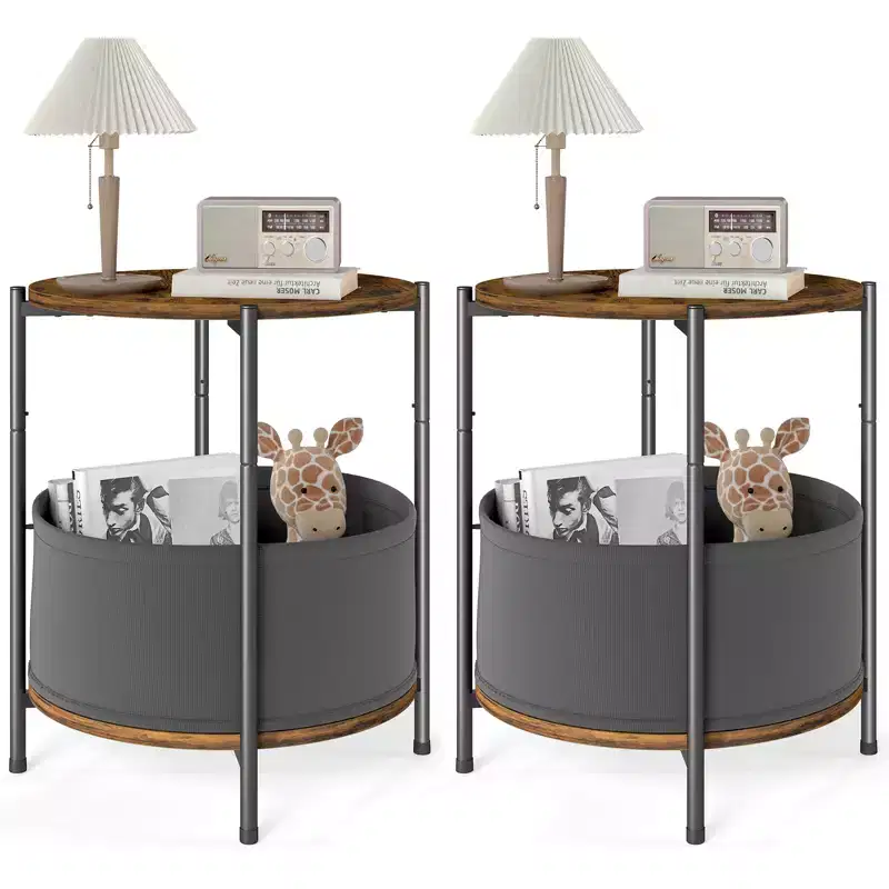 Set of 2 Round Side Tables with Removable Fabric Basket Industrial End Tables