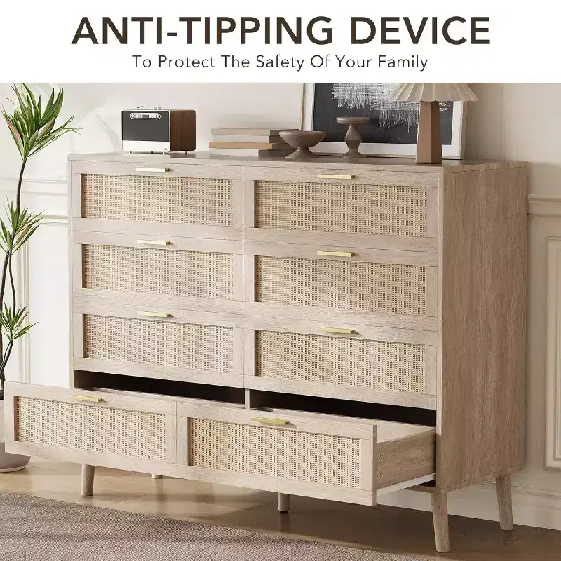 8 Drawer Dresser, Natural Rattan Dresser for Bedroom, Farmhouse Wood Chest of Drawer with Golden Handles for Living Room, Entryway
