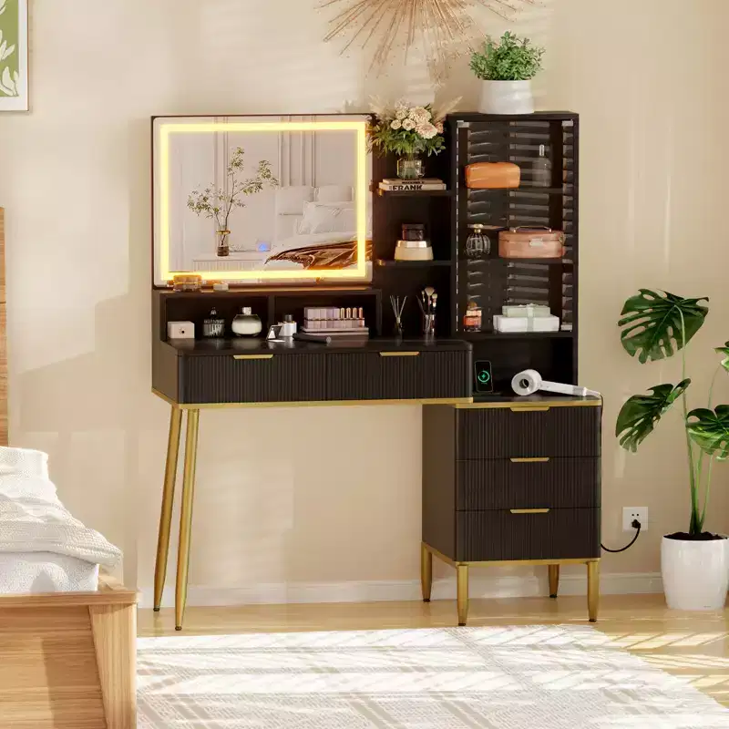 Fluted Makeup Vanity Desk with 30 Mirror, 5 drawers, and adjustable brightness, suitable for the bedroom.