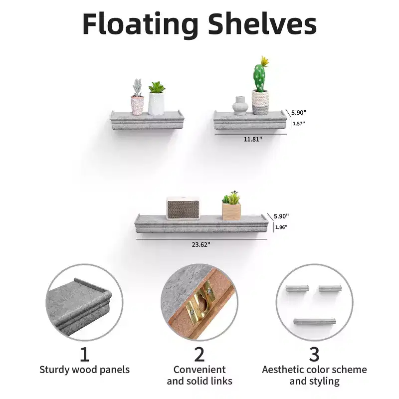 23.6 Gray Floating Shelf C invisible-bracket wood wall mount, perfect bathroom/bedroom/kitchen dcor or book/plant display, easy install.
