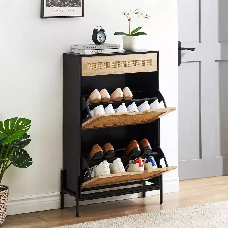 2 Flip Drawers Shoe Storage Cabinet with 1 Drawer, Rattan Shoe Organizer with Metal Legs, Freestanding Narrow Shoe Rack Cabinet for Entryway