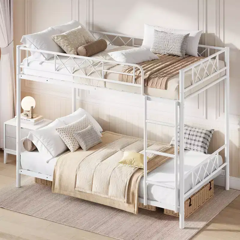 Bunk Bed Twin Over Twin with Extra High Guardrail, Heavy Duty Metal Frame & Sturdy Slats, No Box Spring Needed