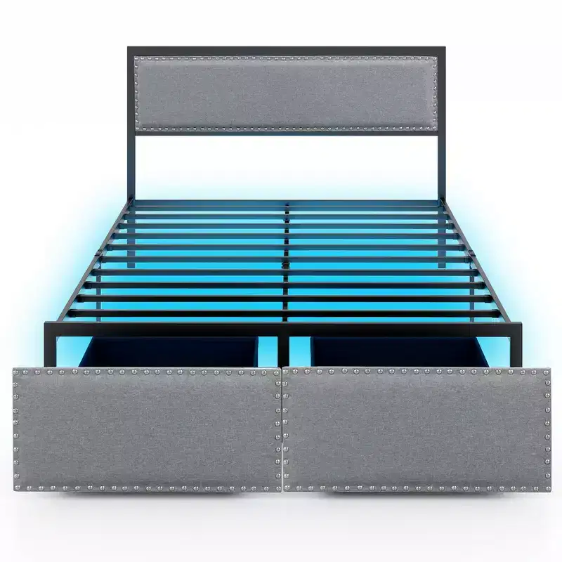 Costway Full Size Bed Frame w/ 2 Storage Drawers LED Lights Slats Support Modern