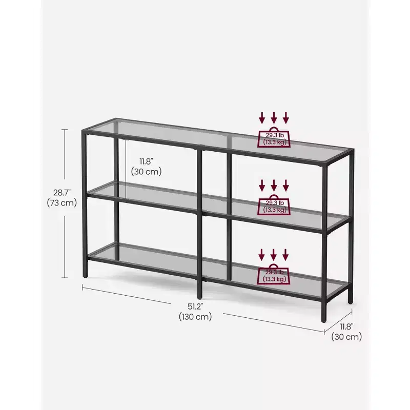 VASAGLE 51.2 Inch Console Table with 3 Shelves, Sofa Table, Entryway Table, Metal Frame, Tempered Glass Shelf, Modern Style