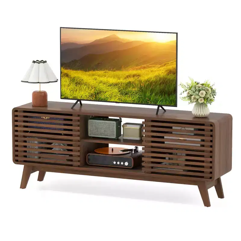 Costway TV Stand w/Sliding Doors Adjustable Shelves & Rubber Wood Legs for TVs up to 65''