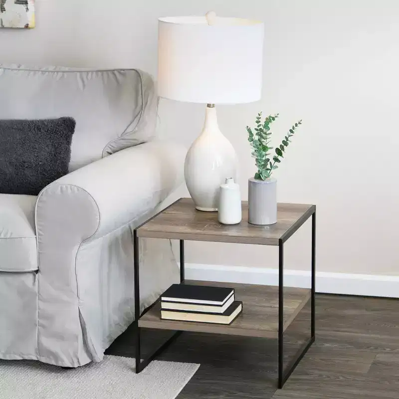 Square End Table, Black Iron Frame with Brown Top