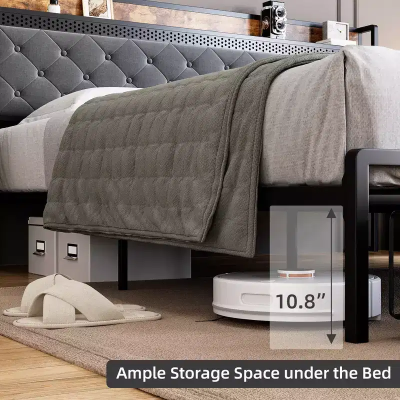 Bed Frame, Storage Headboard and 2 Storage Drawers, Upholstered Platform Bed, Noise Free, No Box Spring Needed, Easy Assembly