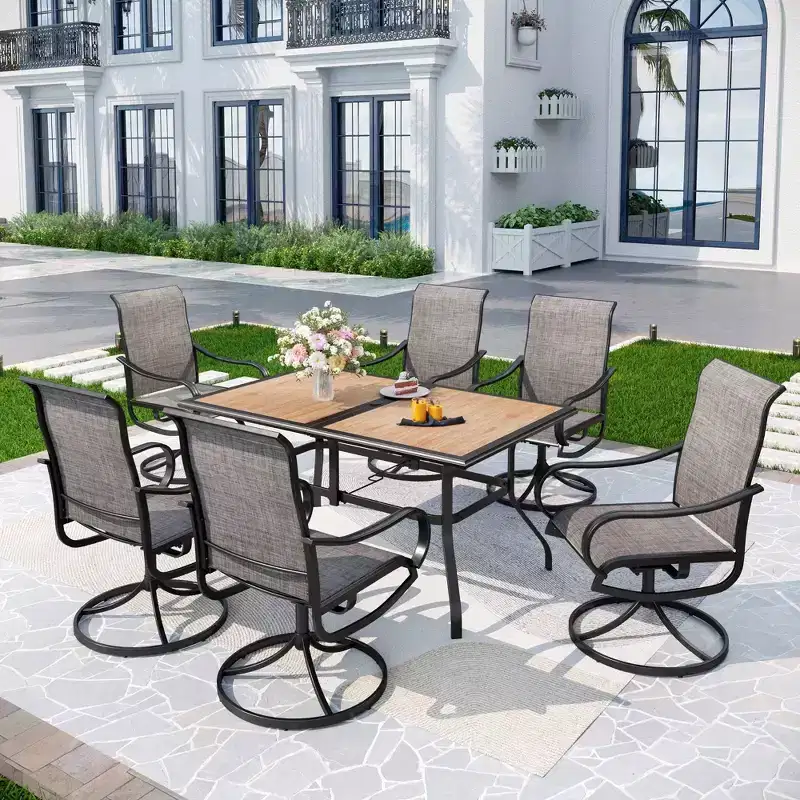 7pc Outdoor Dining Set with Faux Wood Table Top & 1.6" Umbrella Hole & Swivel Chairs - Captiva Designs