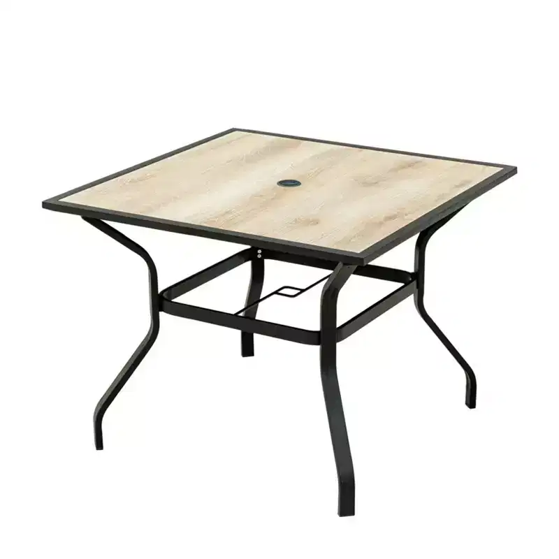 Wood Grain Tabletop Metal Outdoor Table: Square Design with Umbrella Hole (1 Table)