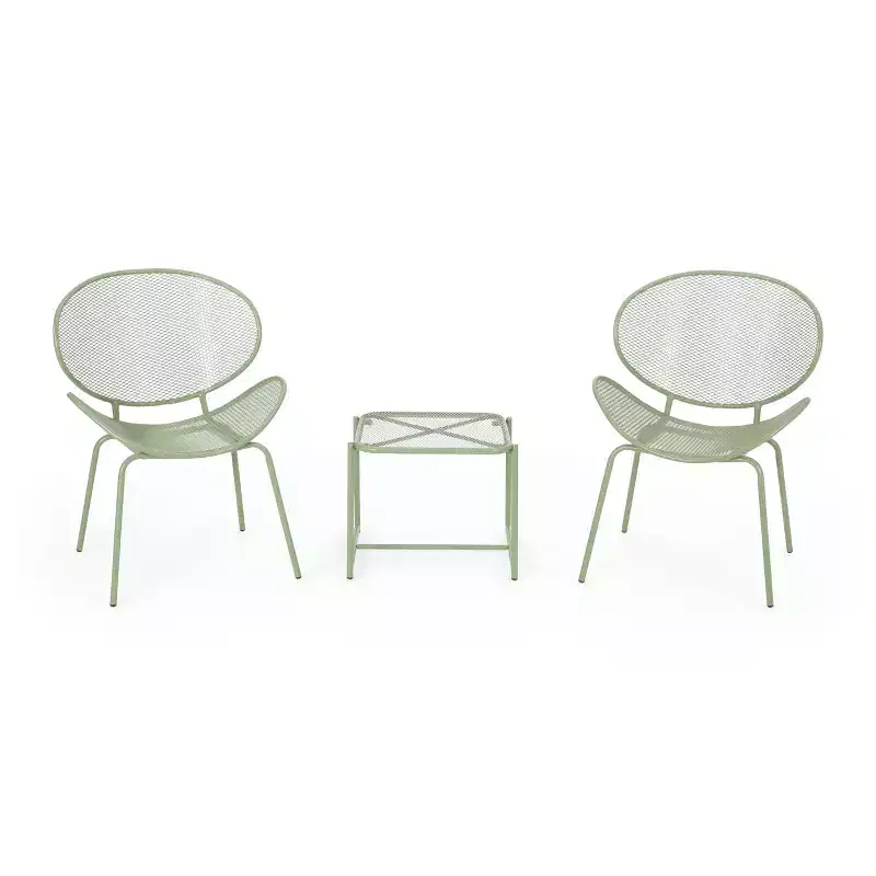Christopher Knight Home James Outdoor 3 Piece Chat Set with Powder-Coated Iron Shell Chairs and Mesh Table