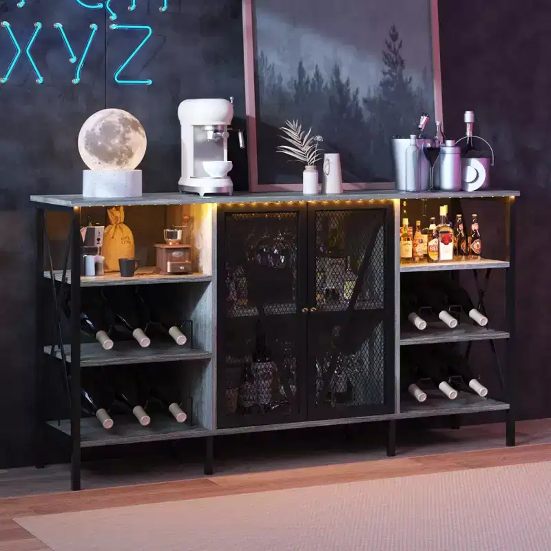 Farmhouse Wine Bar Cabinet, Industrial Coffee Bar Sideboard with Wine Rack and Glass Holder