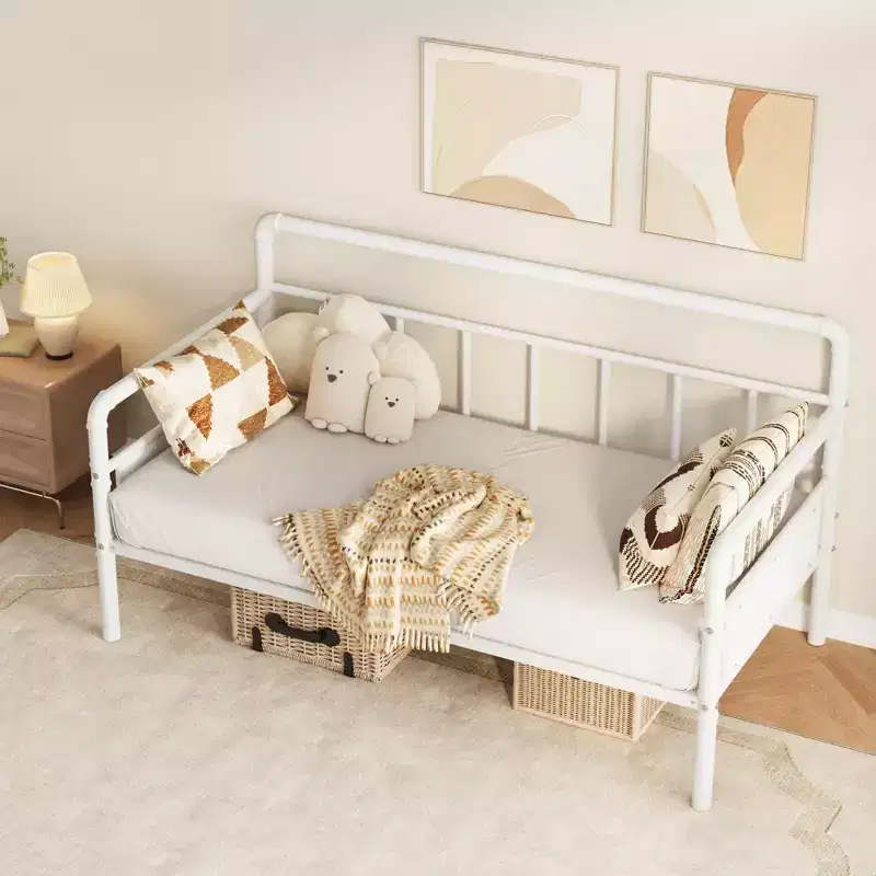 Twin Size Metal Daybed Frame with Steel Slats – White