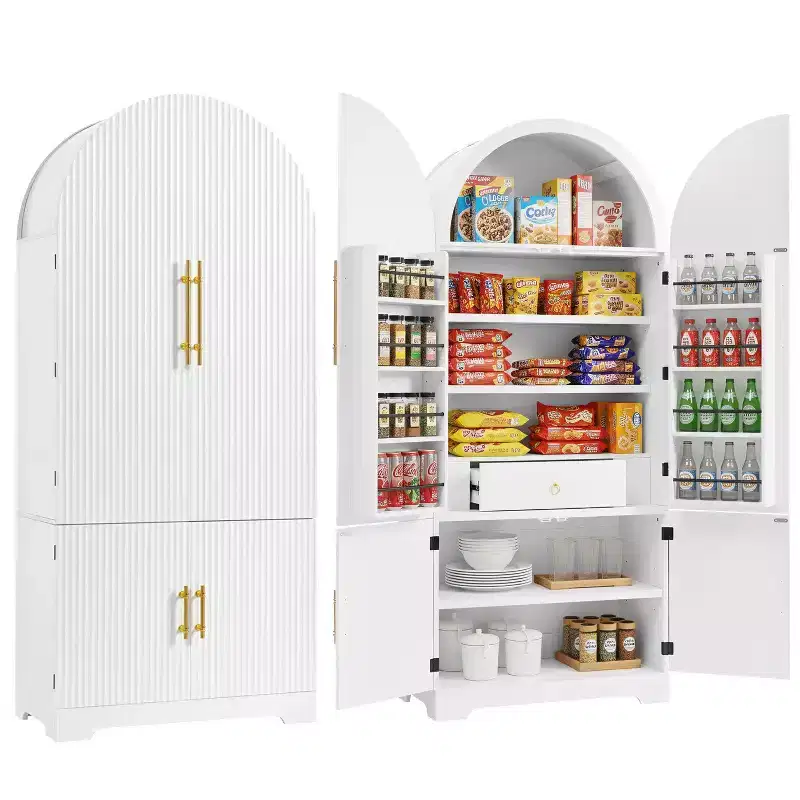 72-inch High Arch Kitchen Storage Cabinet, featuring 8-tier door shelves and a recessed storage compartment with 3 adjustable shelves, white