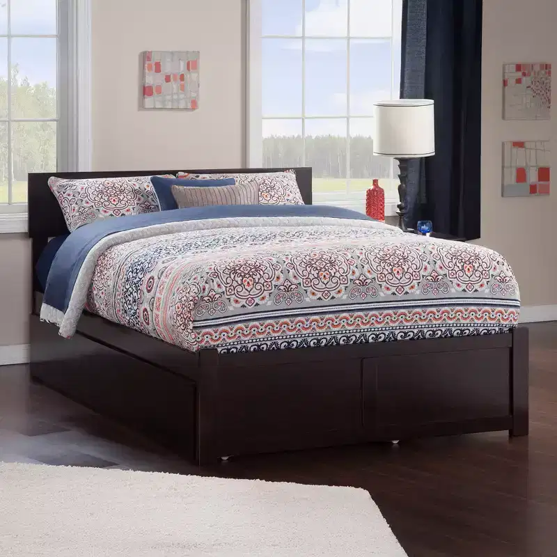 Full Size Platform Bed with Adjustable Headboard and Twin Trundle, Charging Station, Espresso
