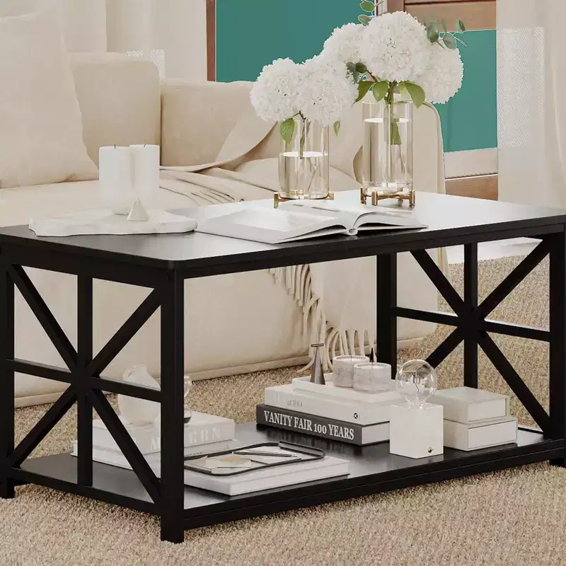 2-Tier Coffee Table, X-Frame Living Room Table with Storage Shelf for Small Spaces, Durable Rectangle Center Table