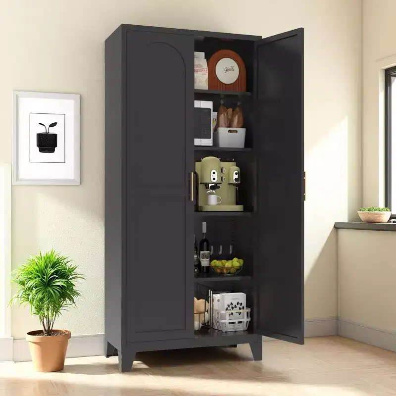 71'' 2 Shapely Doors Cabinet, Metal Storage Cabinet with Doors and Adjustable Shelves, for Bedroom, Living Room, Kitchen,Black