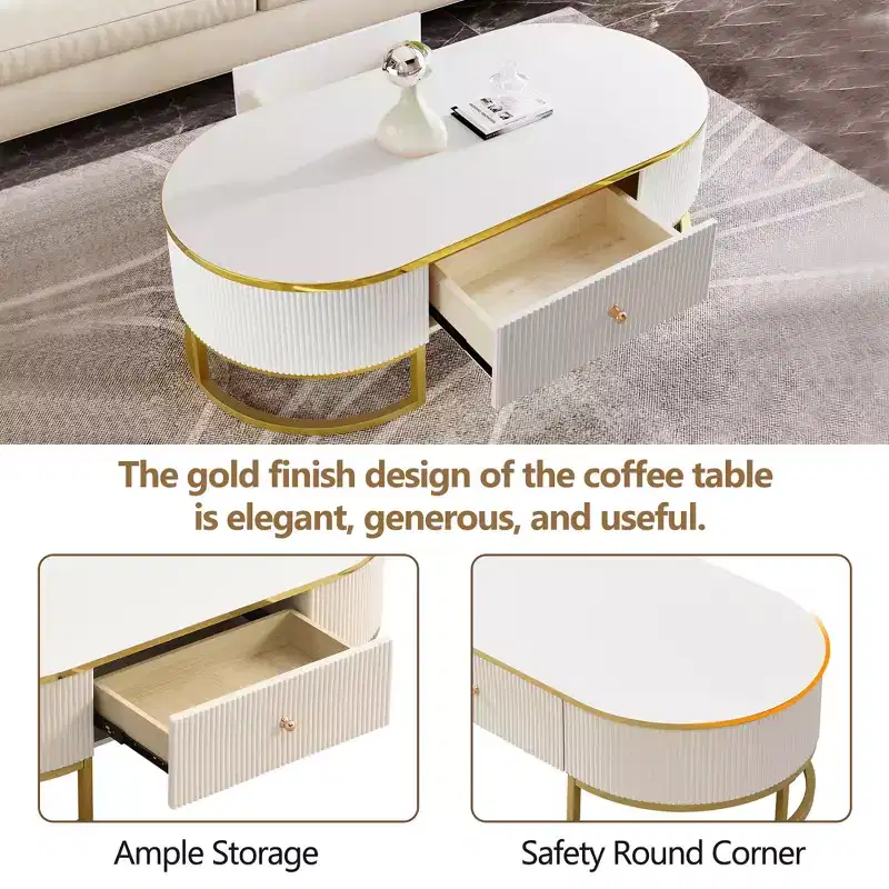 47W Modern Coffee Table Cocktail Table Center Table Accent Table with Drawers, Curved Profile Design, Gold Metal Leg, Oval, White+Gold-ModernLuxe