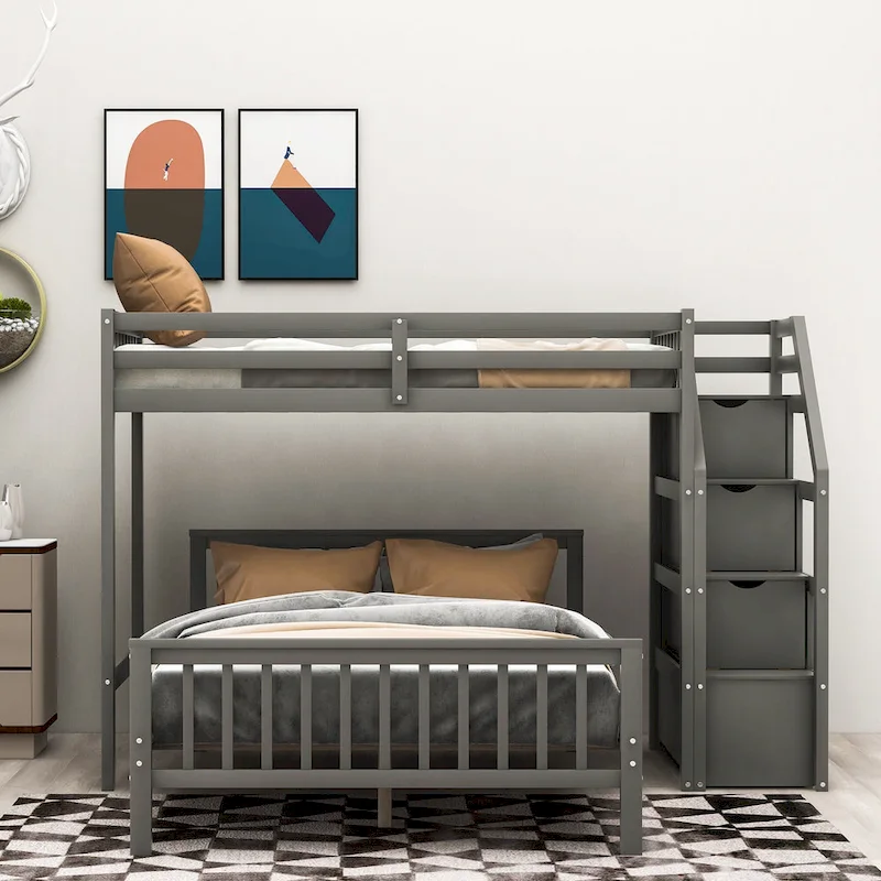 Twin Over Full Wood Loft Bed with Staircase,High Guardrails and Ladder