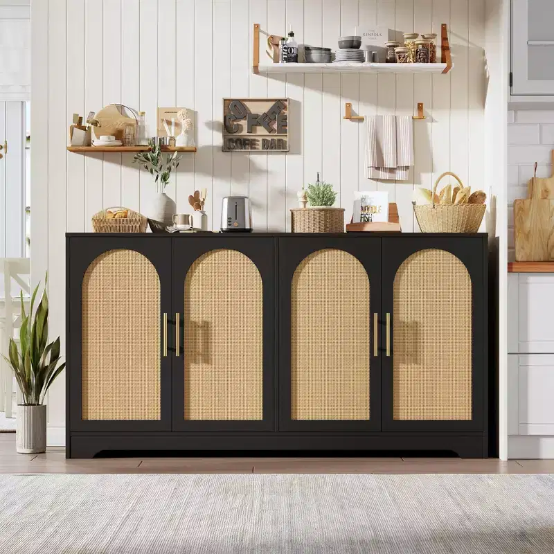 Sideboard Buffet Cabinet - Large Credenza Storage with 4 Rattan Doors, Modern Console Table Accent Coffee Bar Cabinet for Living Room,Kitchen,Hallway