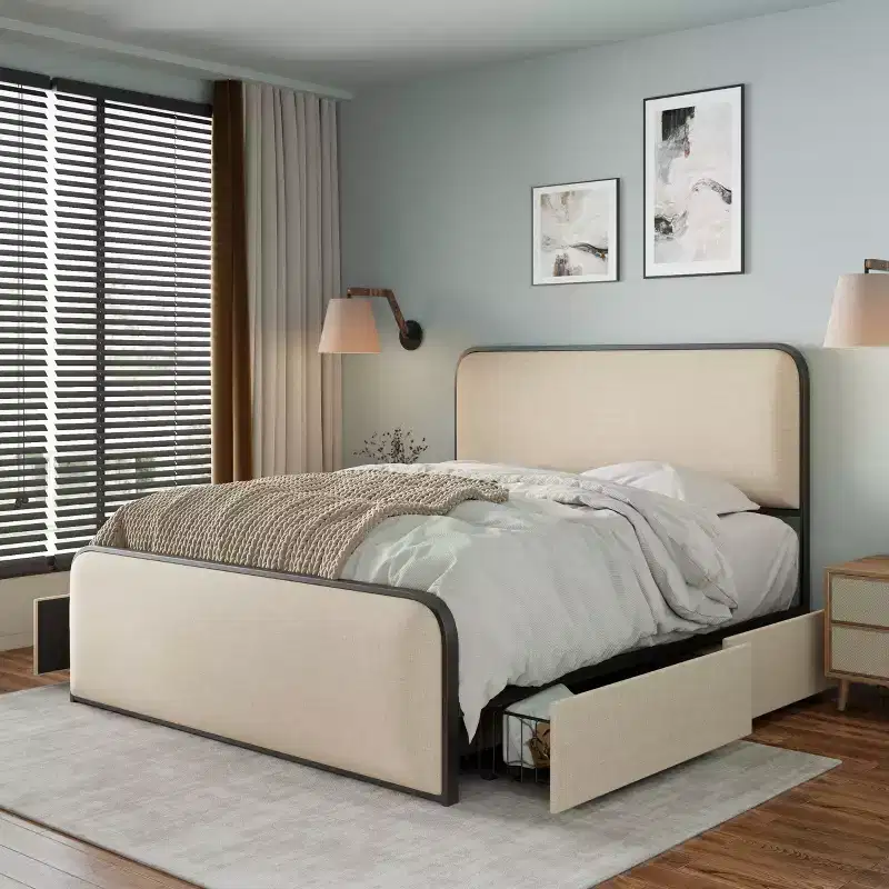 King Modern Metal Bed Frame with Upholstered Headboard and 4 Drawers - Beige