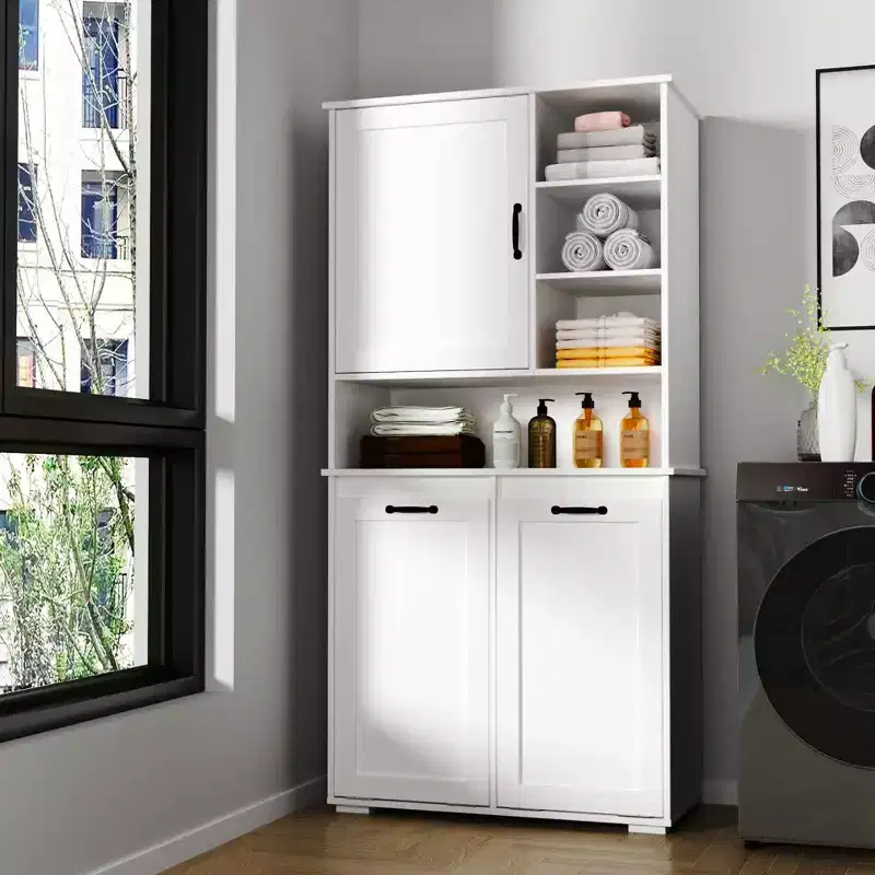 VIYET 63 White Freestanding Laundry Cabinet-Particle Board+MDF, Tilt-Out Hamper, Adjustable Shelves & Multiple Storage