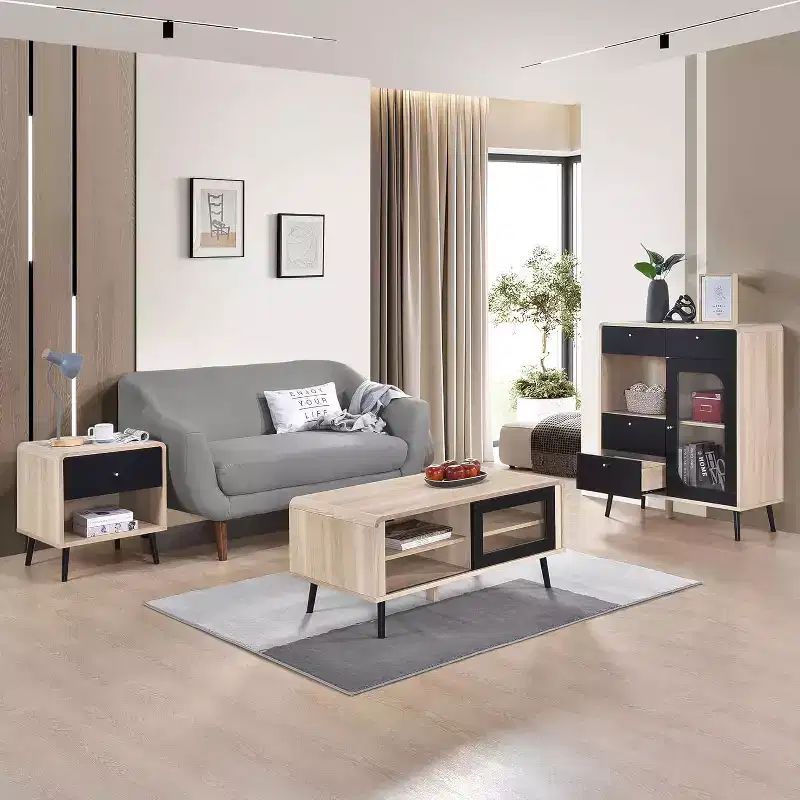 Kings Brand Furniture Nathan 3-Piece Living Room Set with Sideboard Cabinet, Coffee Table & End Table, Modern Storage, Oak/Black Finish