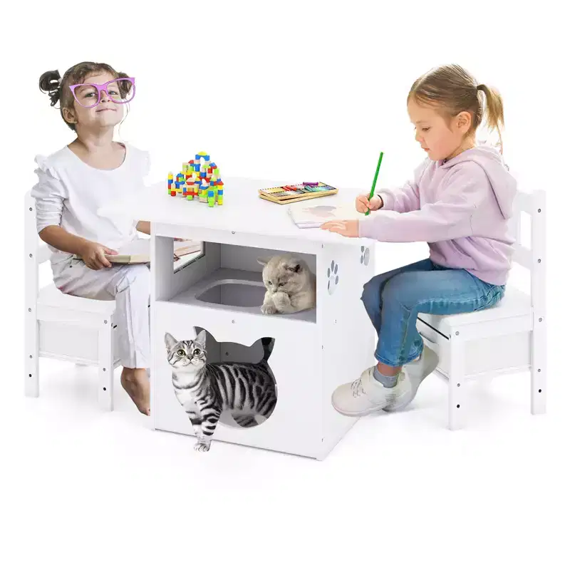 Costway 3 PCS Kids Table and Chairs Set Furniture w/Cat House Hole & Window 2 Chairs