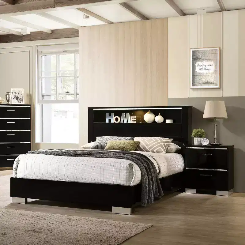 2pc Shorehaven Contemporary Nightstand and Bed Set Black/Chrome - miBasics