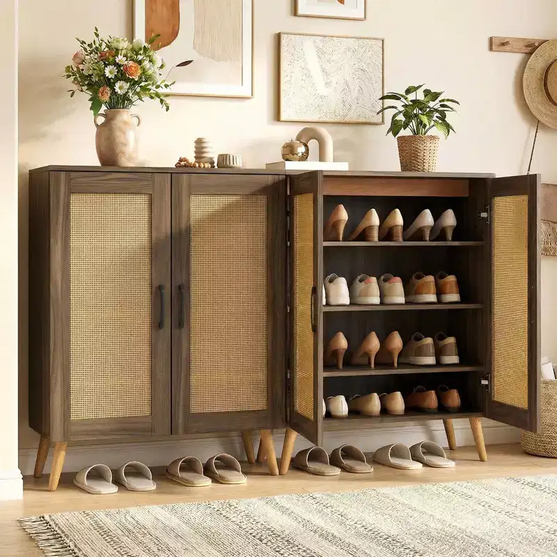 Costway Rattan Shoe Cabinet with 3 Removable Shelves,5-Tier Narrow Cabinet Wood Legs, Walnut/Natural