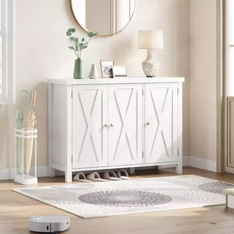 43 Farmhouse Shoe Storage Cabinet with 3 Barn Doors, Adjustable Shelves, Large Capacity Narrow Shoe Rack for Entryway & Living Room, White