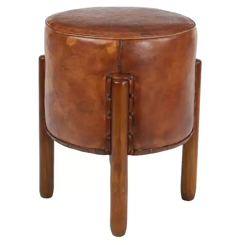 Round Tufted Leather Ottoman Stool with Wood Frame, Brown