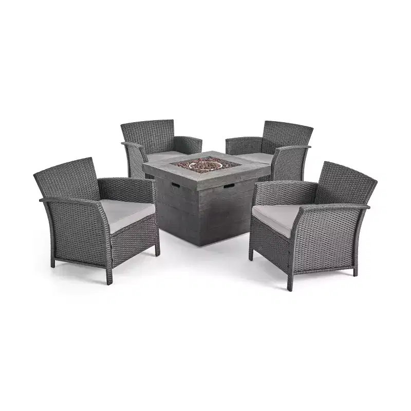 Christopher Knight Home Raina Outdoor Wicker 5 Piece Club Chair and Fire Pit Set with Cushion