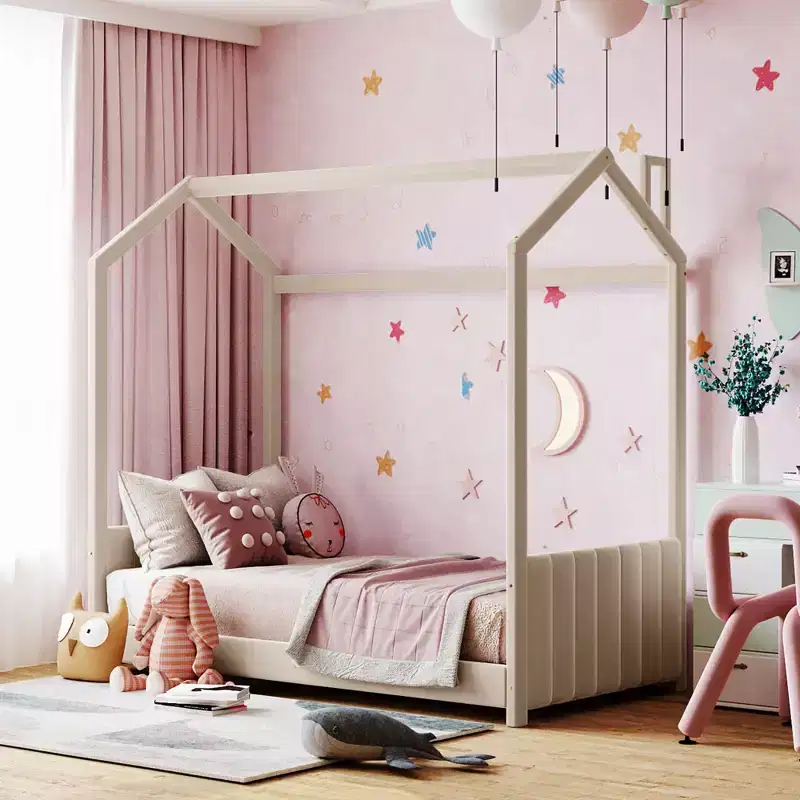 Twin/Full Size House Bed Velvet Platform Bed Frame for Kids - Beige