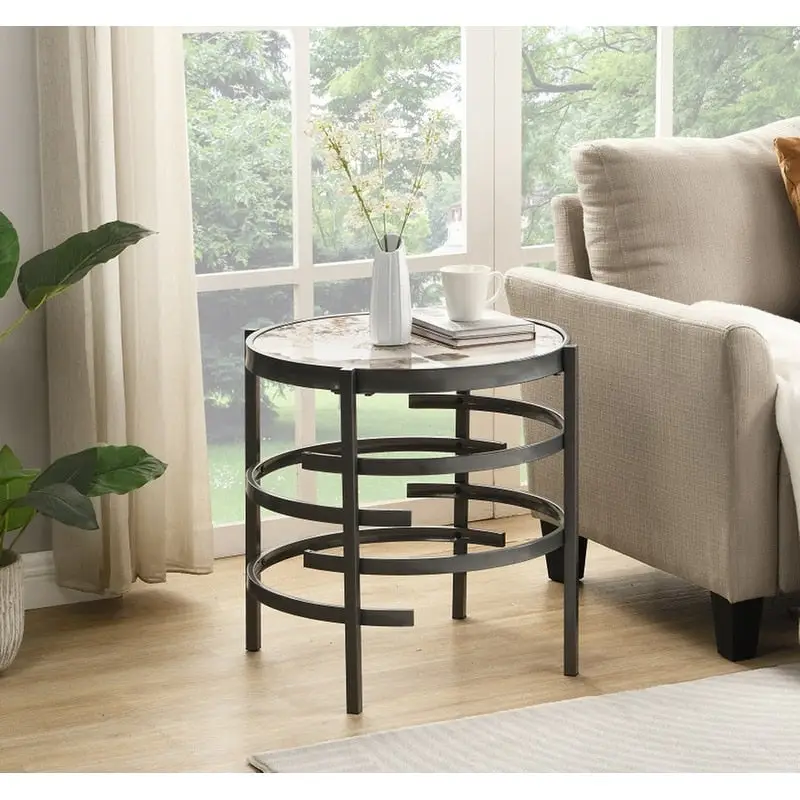 Grondin 20.67 Round End Table with Sintered Stone Table Top and Metal Frame, Modern Style Side Table with Non-Slip Foot Pads