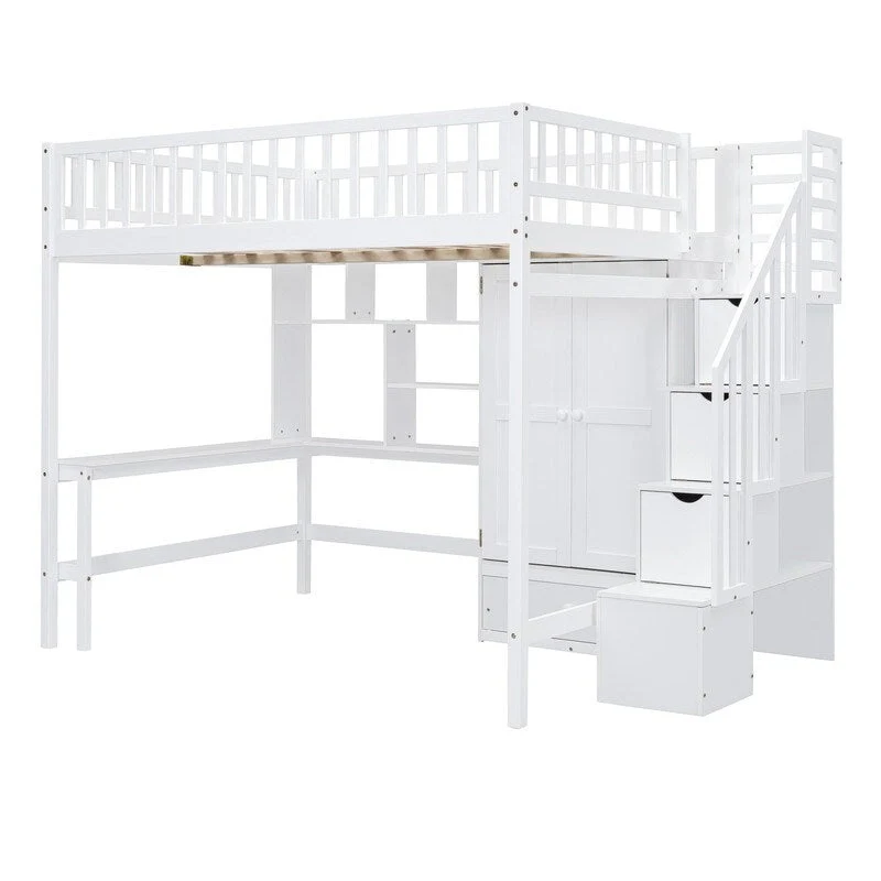 Wooden Full size Loft Bed with Bookshelf,Drawers,Desk,and Wardrobe