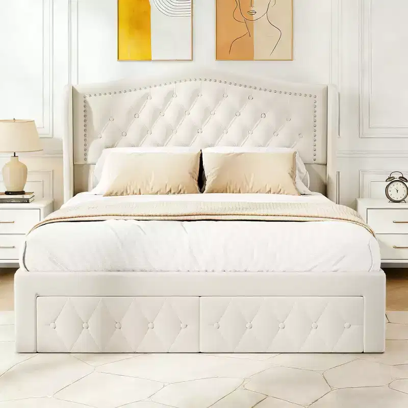 Dyonery Bed Frame Queen Size,Velvet Upholstered Platform Bed - 52.6 Tall Wingback & Vertical Tufted Headboard,2 Storage Drawers,No Box Spring