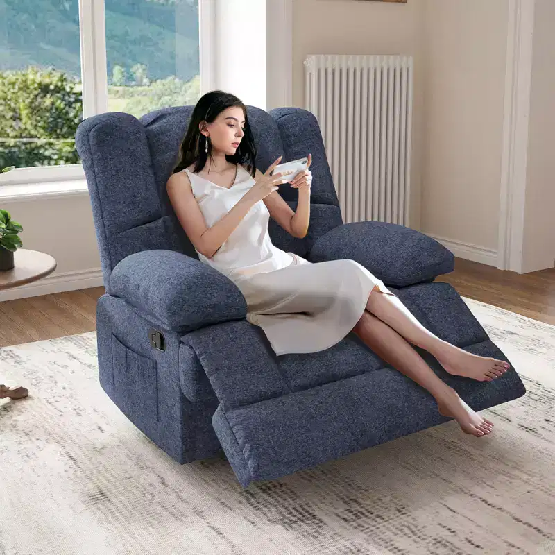 Blue Oversized Rocking Recliner Chair with Chenille Upholstery