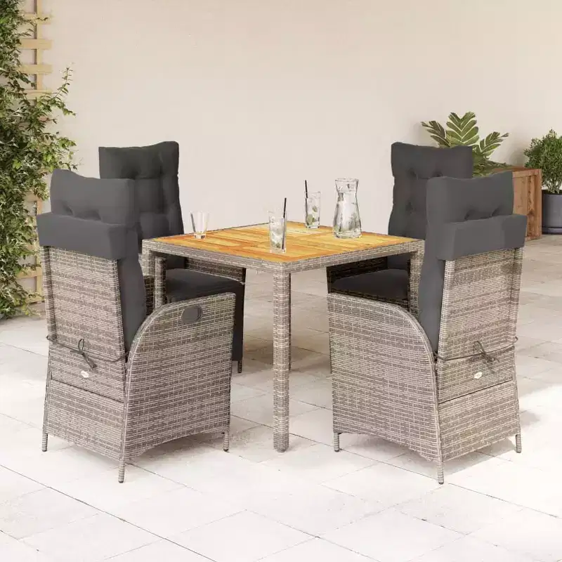 vidaXL 5 Piece Patio Dining Set with Cushions - Adjustable Reclining Chairs & Acacia Wood Table - Gray PE Rattan for Garden, Patio, Backyard