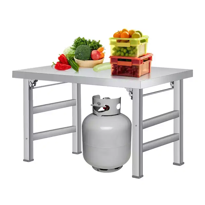 Stainless steel folding table - suitable for home, kitchen, dining room, and outdoor use; load capacity 520 lbs; single layer with no lower shelf.