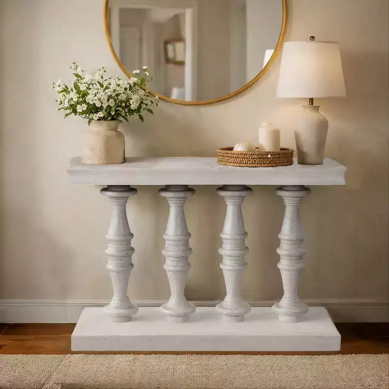 Sofa Console Table, 42 Inch Top, Sandlasted Washed White Mango Wood, Turned Pillar Legs