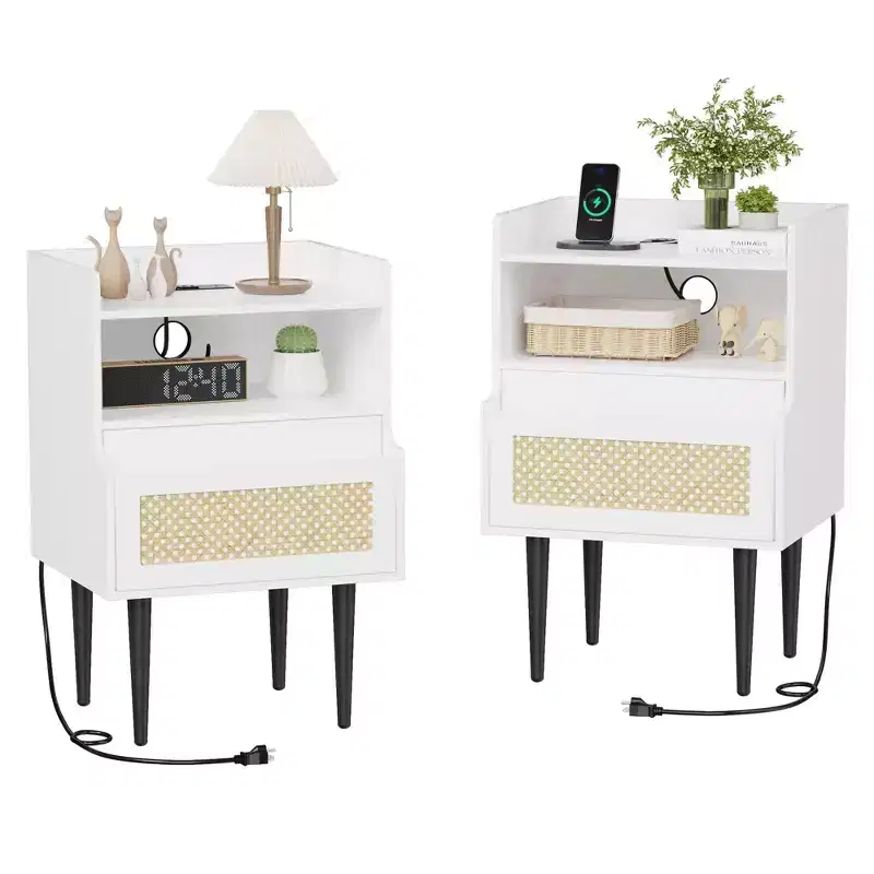 Nightstand Set of 2 Bedside Table - Farmhouse with Charging Outlet, Rattan Drawer & Open Shelves, End Tables