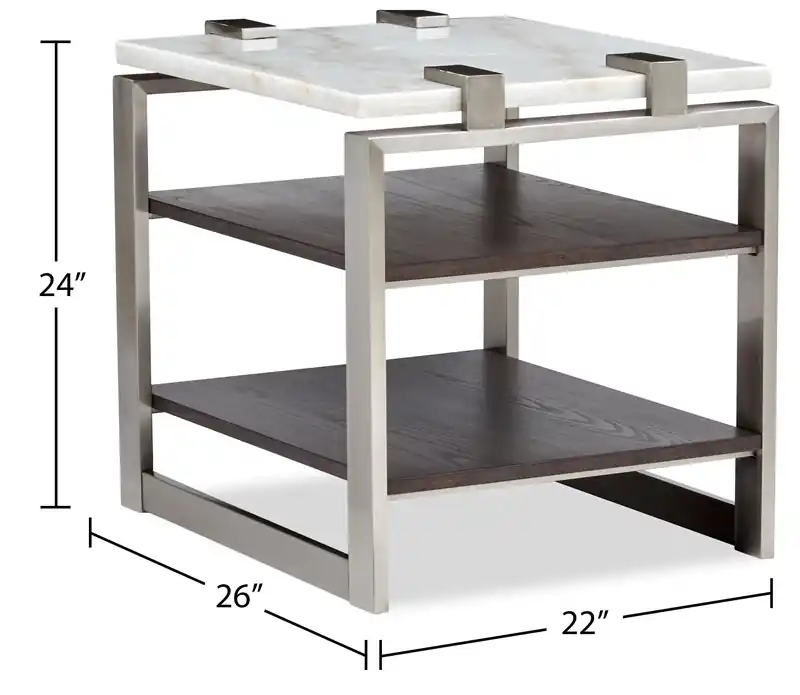 22 Modern End Table with Shelf - White Marble Top with Brushed Platinum Frame