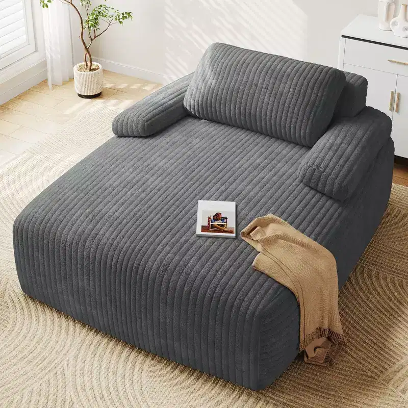 Balconera 55in Chaise Lounge Chair Indoor Oversized Corduroy Upholstered Boneless Sofa Bed No Assembly Required Grey