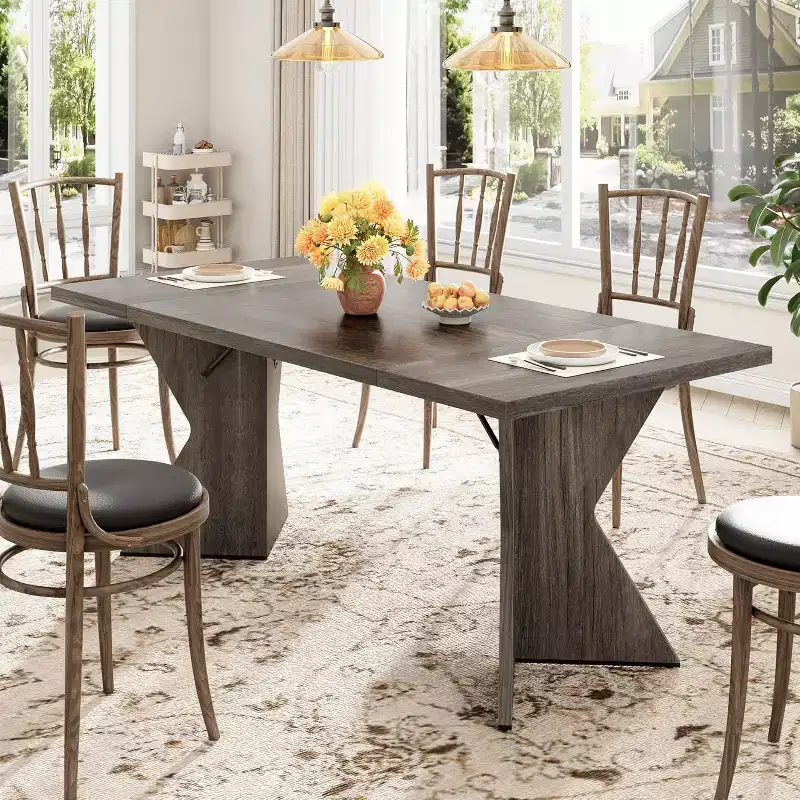 CuisinSmart 70.9'' Dining Table for 6, Farmhouse Rectangular Kitchen Table with Sturdy Frame and V Leg, Wooden Thickened Long Desk